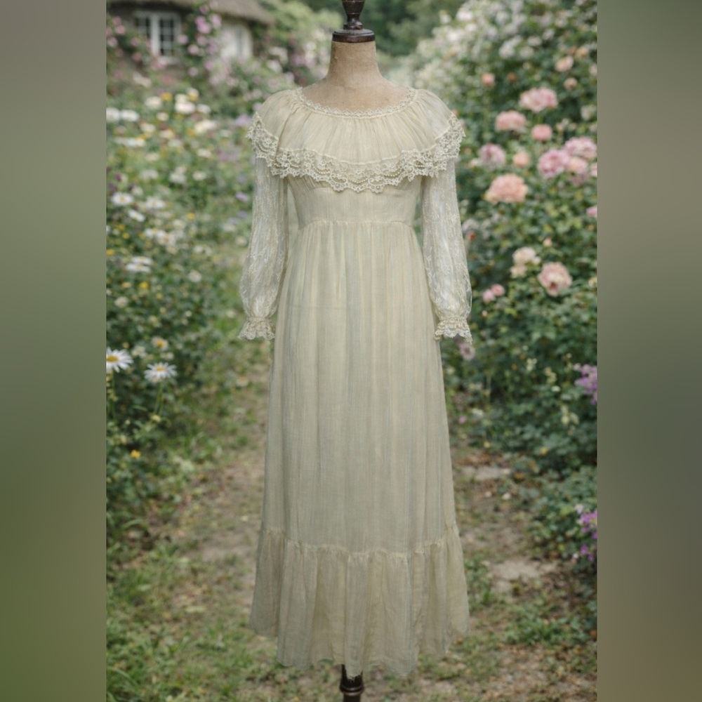 Vintage 1970s cotton, lace,ruffle,pleated, cottagecore, maxi dress wedding dress